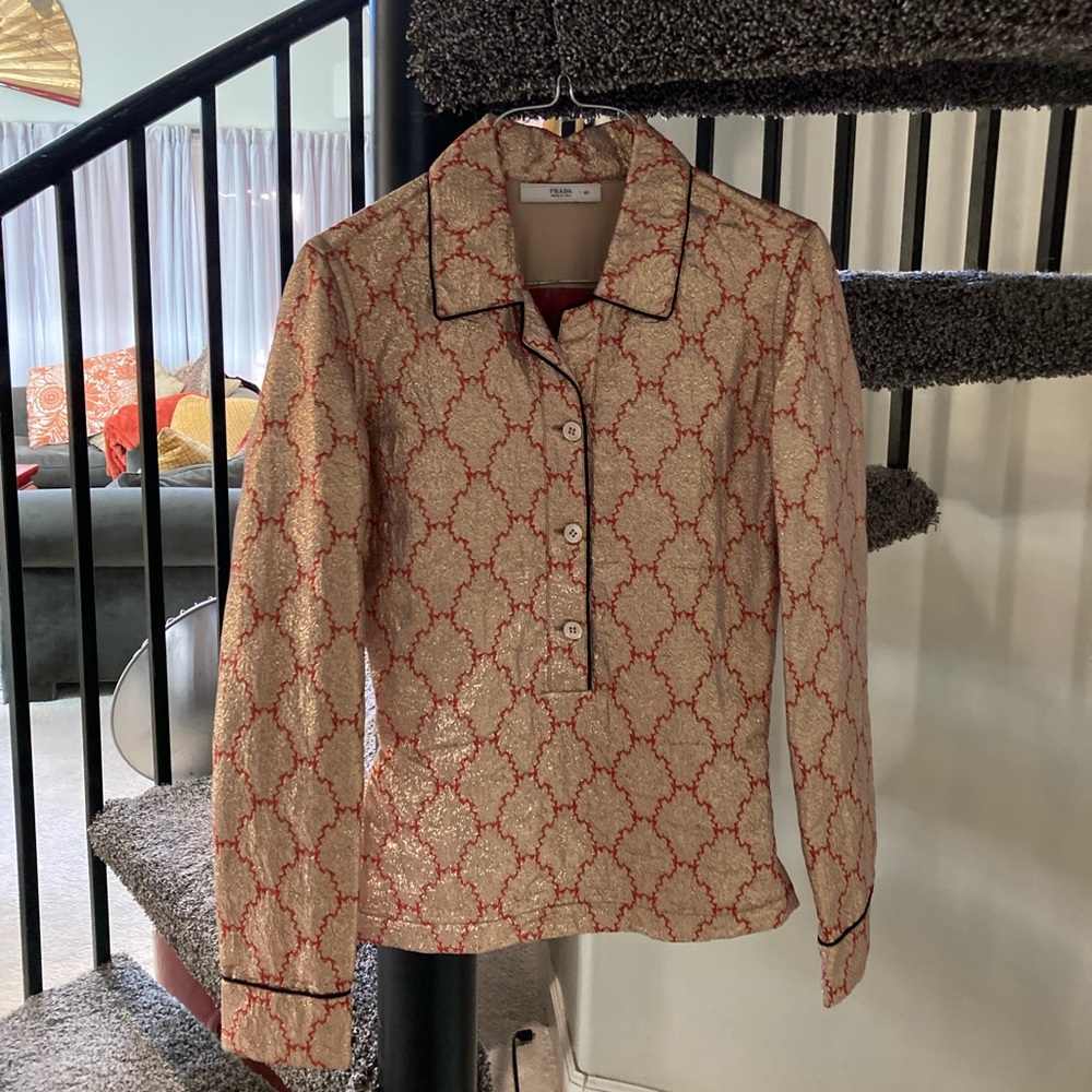 SOLD Prada Brocade Gold Blouse with Red Details, Size 40 (XS)